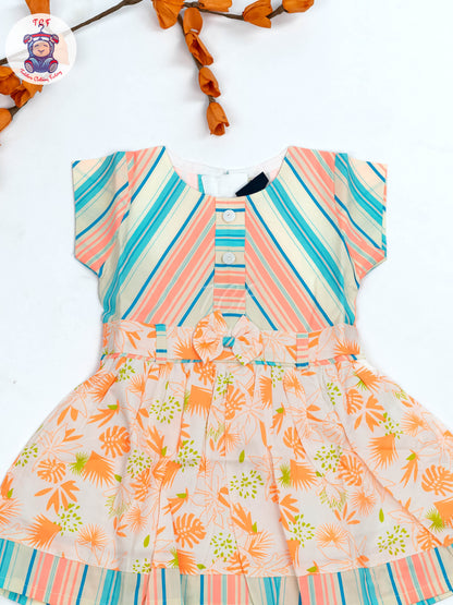 Green & Orange Floral Printed - Girls Readymade Cotton Frocks