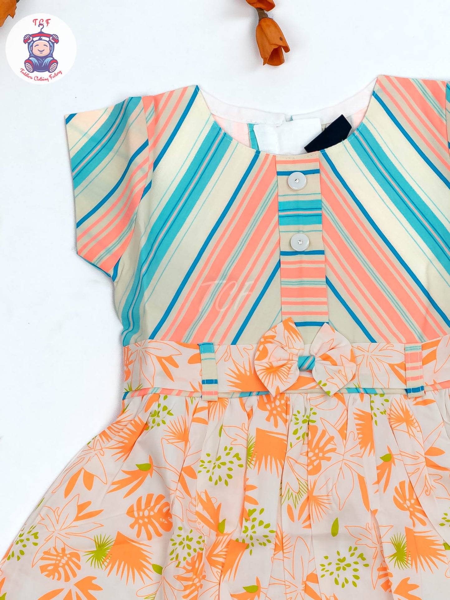 Green & Orange Floral Printed - Girls Readymade Cotton Frocks