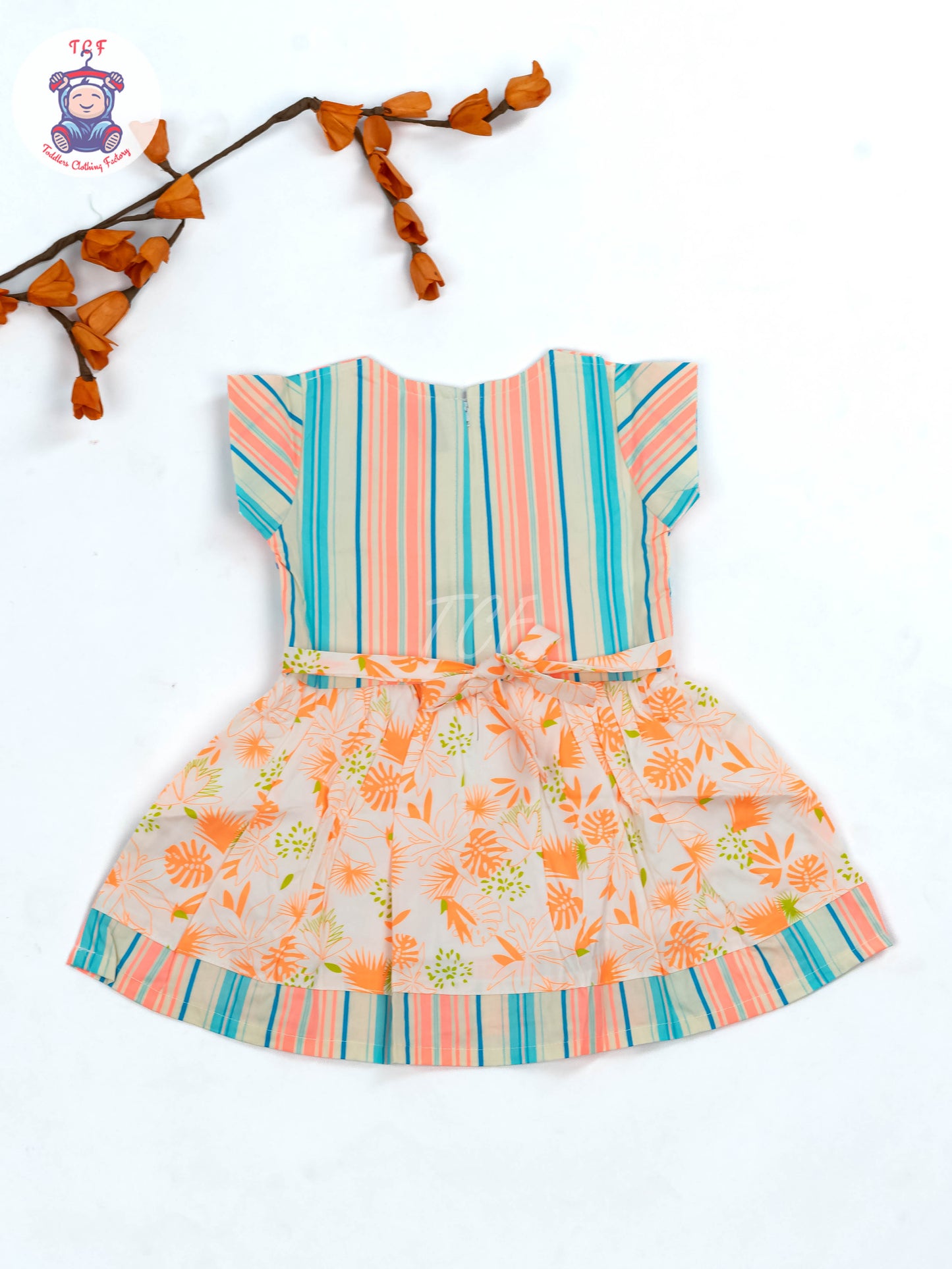 Green & Orange Floral Printed - Girls Readymade Cotton Frocks