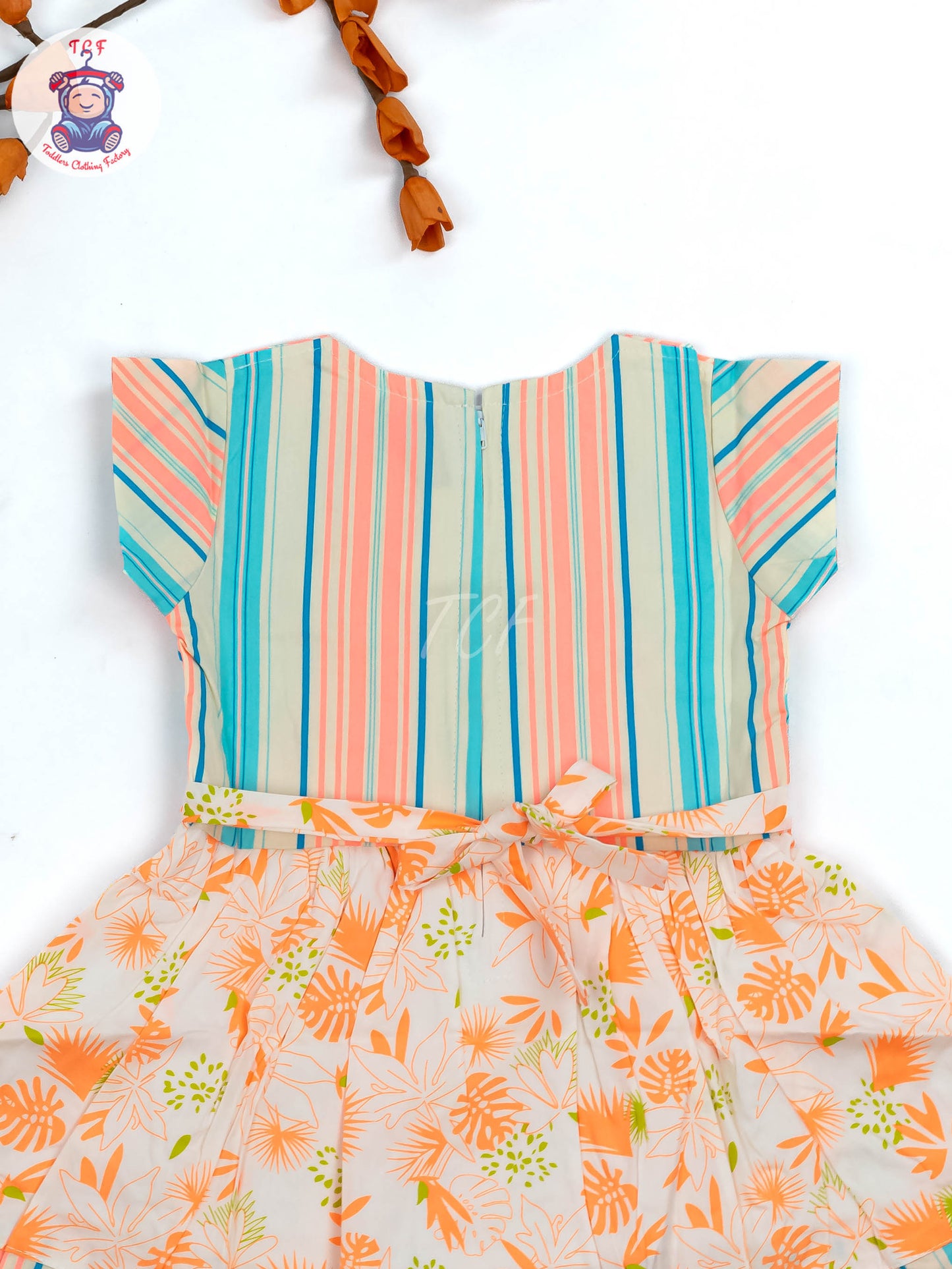 Green & Orange Floral Printed - Girls Readymade Cotton Frocks