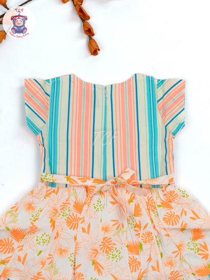 Green & Orange Floral Printed - Girls Readymade Cotton Frocks