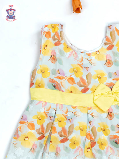 Yellow Floral Printed - Girls Readymade Cotton Frocks