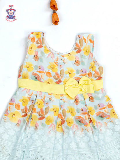 Yellow Floral Printed - Girls Readymade Cotton Frocks