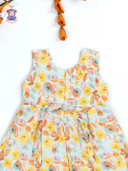 Yellow Floral Printed - Girls Readymade Cotton Frocks