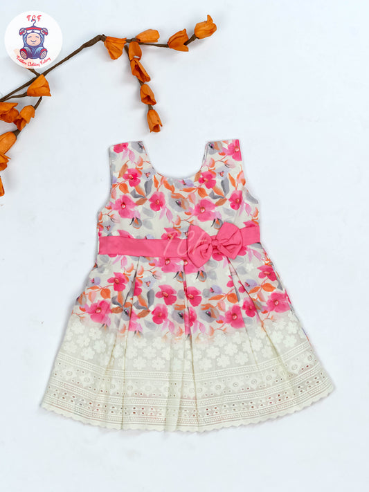 Pink Floral Printed - Girls Readymade Cotton Frocks