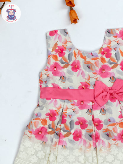Pink Floral Printed - Girls Readymade Cotton Frocks