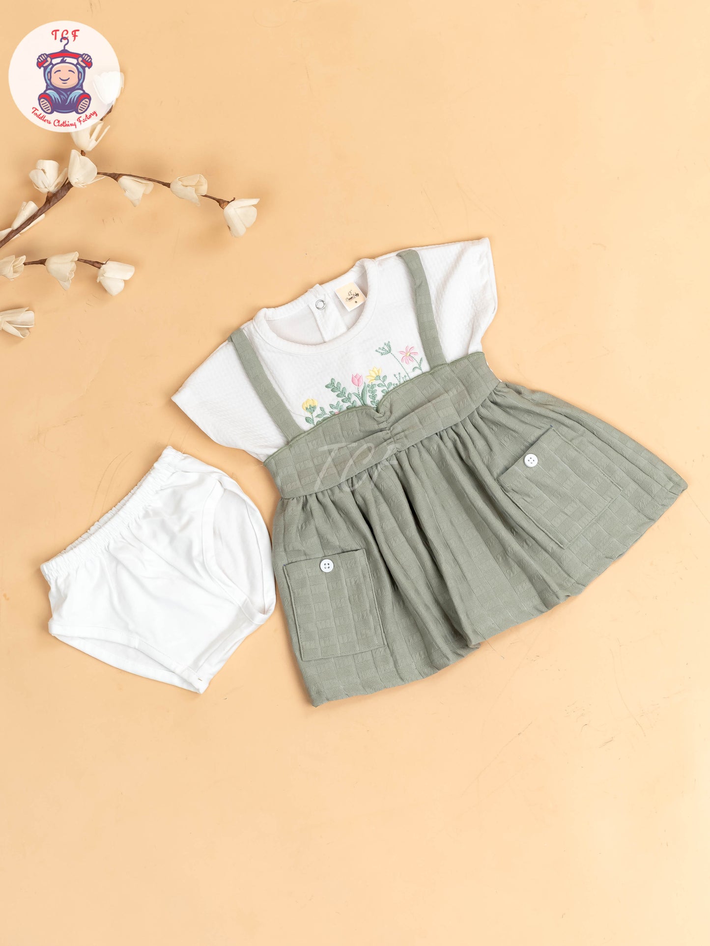 White & Light Green - Girls Cotton Frock