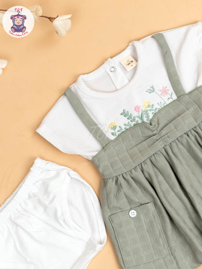 White & Light Green - Girls Cotton Frock