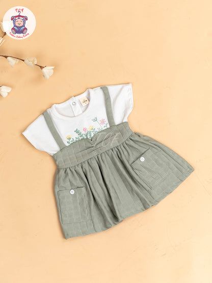 White & Light Green - Girls Cotton Frock