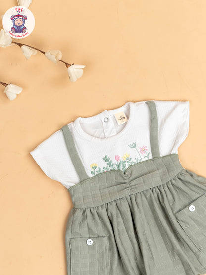 White & Light Green - Girls Cotton Frock