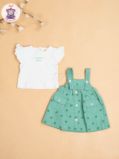 White & Light Green - Girls Cotton Frock