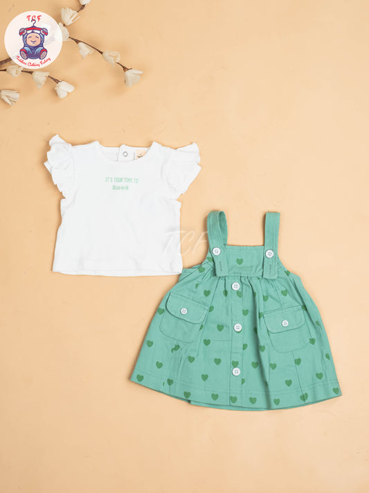 White & Light Green - Girls Cotton Frock