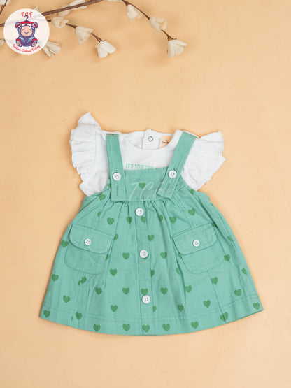 White & Light Green - Girls Cotton Frock