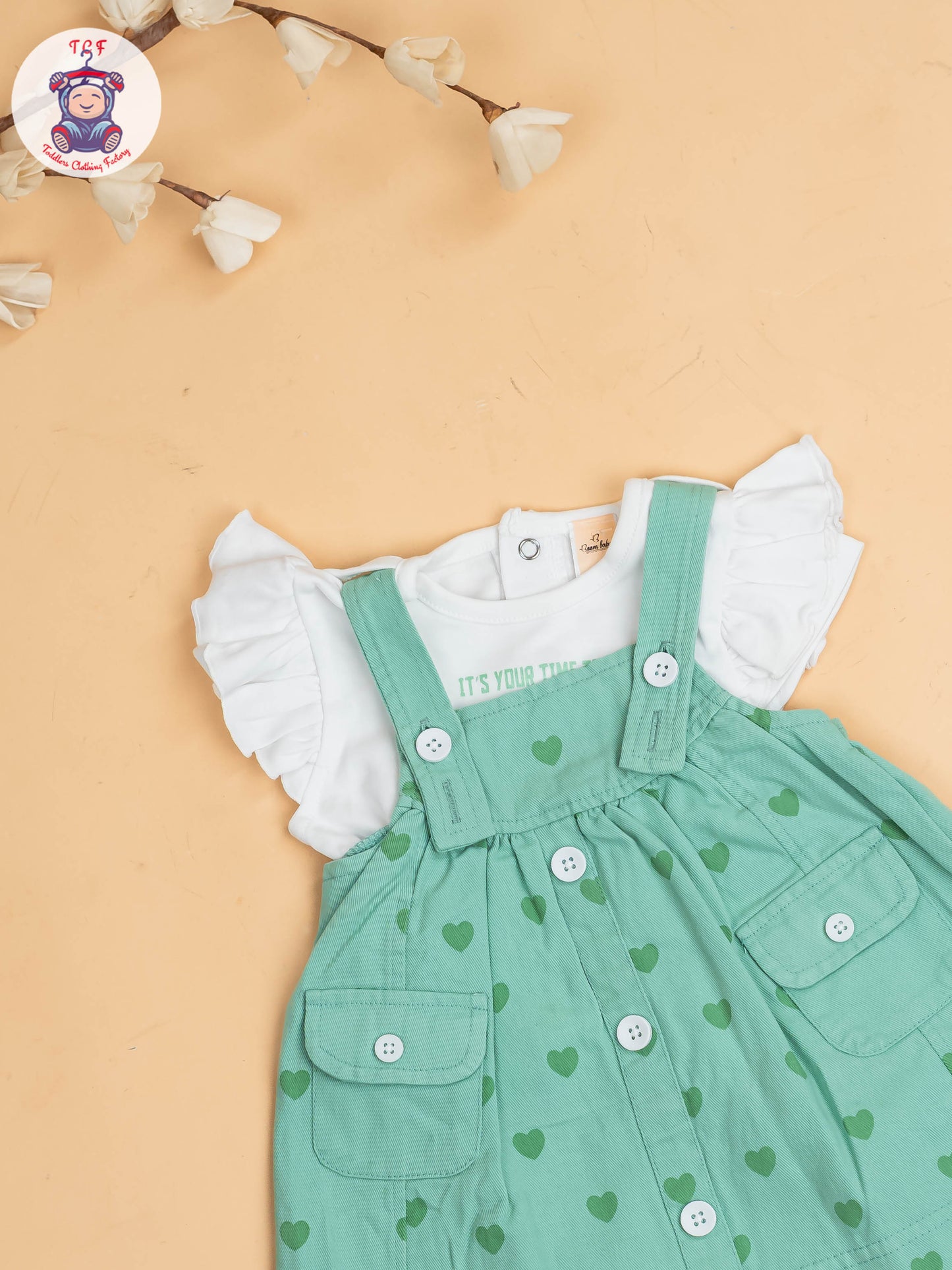 White & Light Green - Girls Cotton Frock