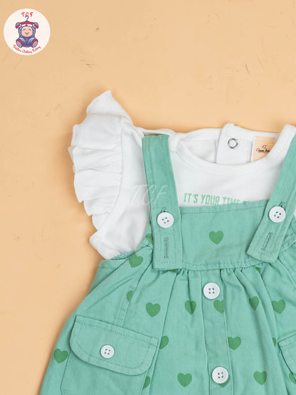 White & Light Green - Girls Cotton Frock