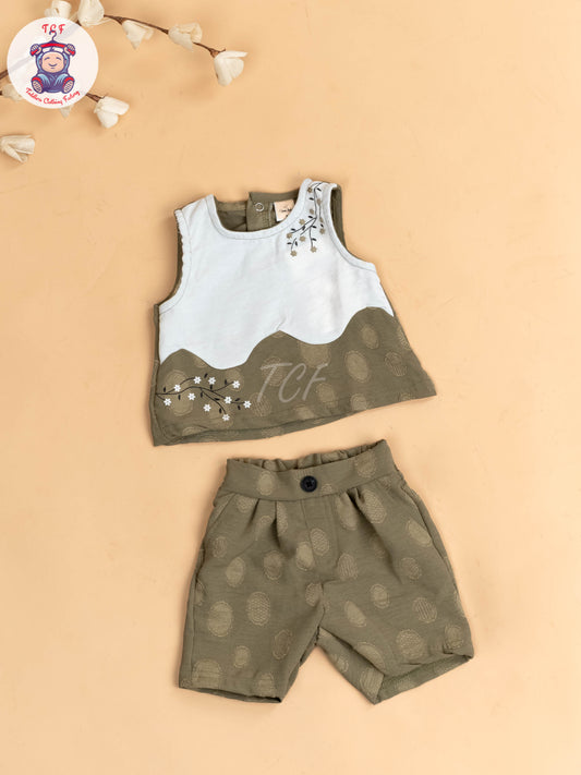 White & Mehandi Green - Girls Readymade Co-ords Sets