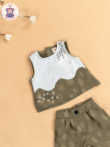 White & Mehandi Green - Girls Readymade Co-ords Sets
