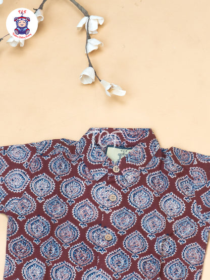 Maroon - Boys Ajrakh Printed Shirts & Shorts