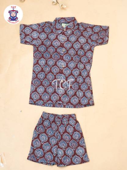 Maroon - Boys Ajrakh Printed Shirts & Shorts