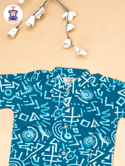 Teal Green - Boys Ajrakh Printed Shirts & Shorts