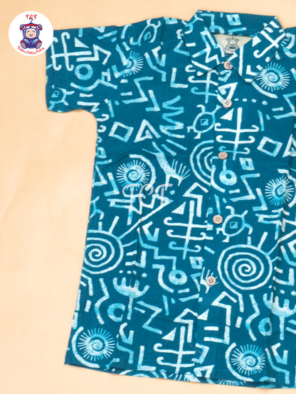 Teal Green - Boys Ajrakh Printed Shirts & Shorts