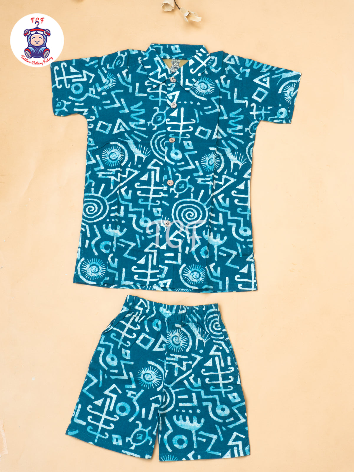 Teal Green - Boys Ajrakh Printed Shirts & Shorts