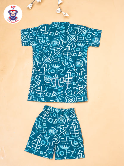 Teal Green - Boys Ajrakh Printed Shirts & Shorts