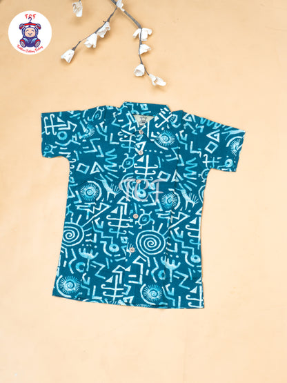 Teal Green - Boys Ajrakh Printed Shirts & Shorts