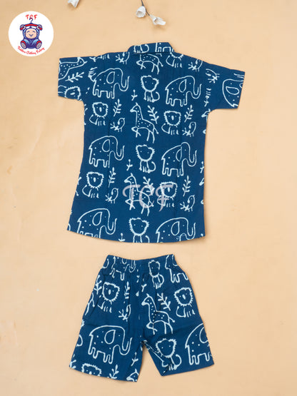 Navy Blue - Boys Ajrakh Printed Shirts & Shorts