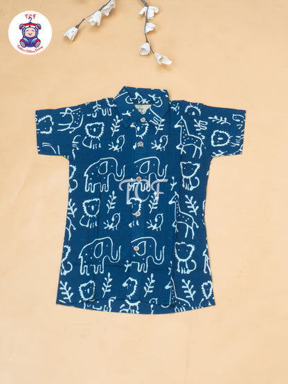 Navy Blue - Boys Ajrakh Printed Shirts & Shorts