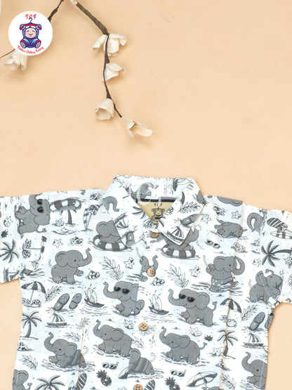 Grey - Boys Elephnat Printed Shirts & Shorts