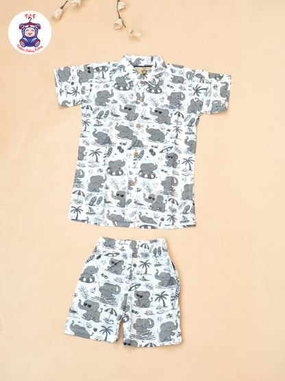 Grey - Boys Elephnat Printed Shirts & Shorts