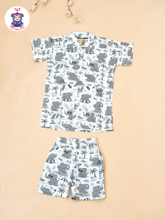 Grey - Boys Elephnat Printed Shirts & Shorts