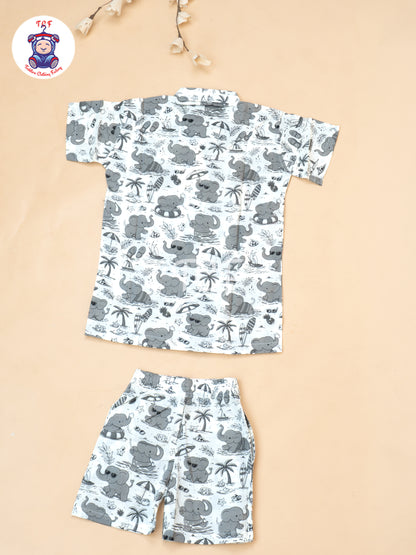 Grey - Boys Elephnat Printed Shirts & Shorts