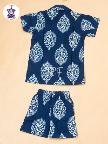 Blue - Boys Ajrakh Printed Spread Collor Shirts & Shorts