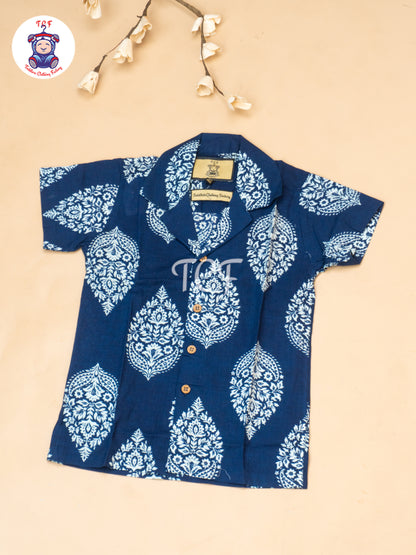 Blue - Boys Ajrakh Printed Spread Collor Shirts & Shorts