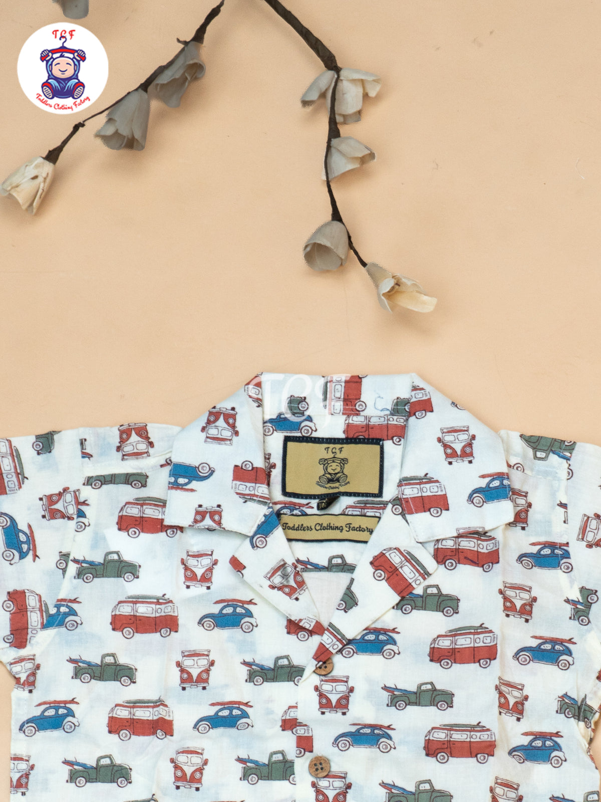 Cream - Boys Car Printed Spread Collor Shirts & Shorts