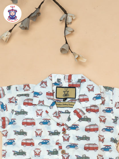 Cream - Boys Car Printed Spread Collor Shirts & Shorts