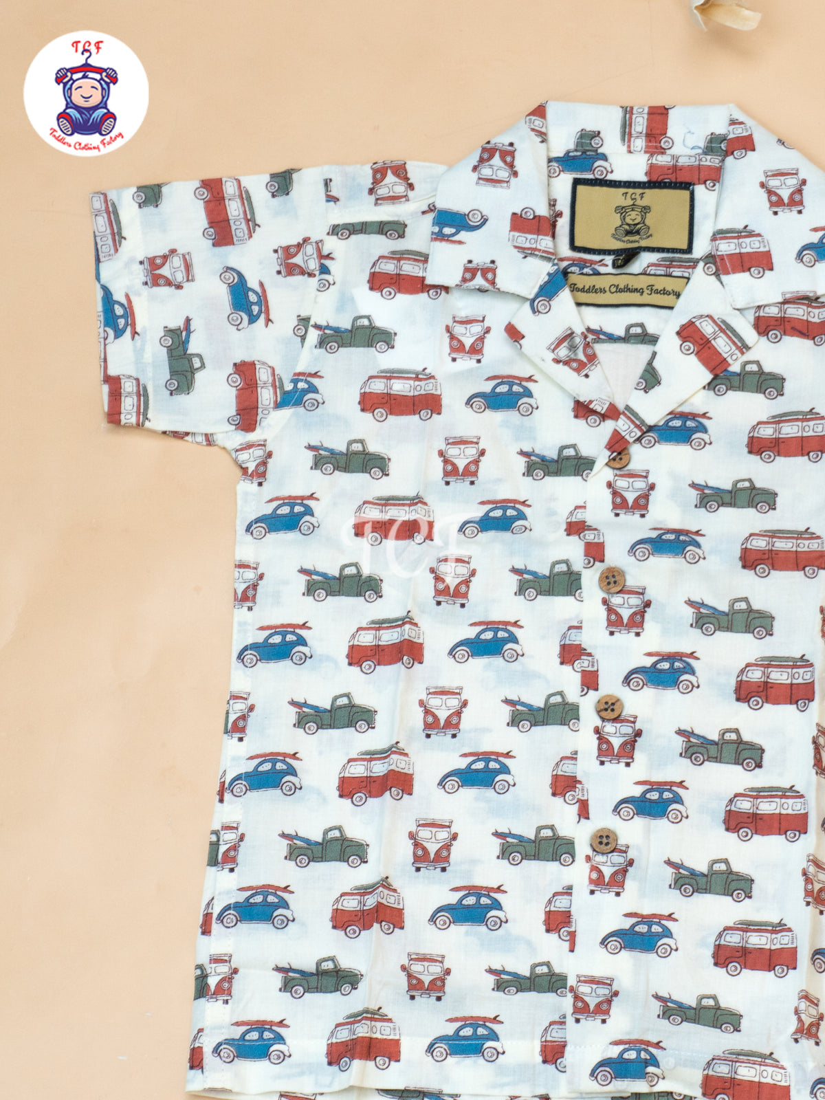 Cream - Boys Car Printed Spread Collor Shirts & Shorts