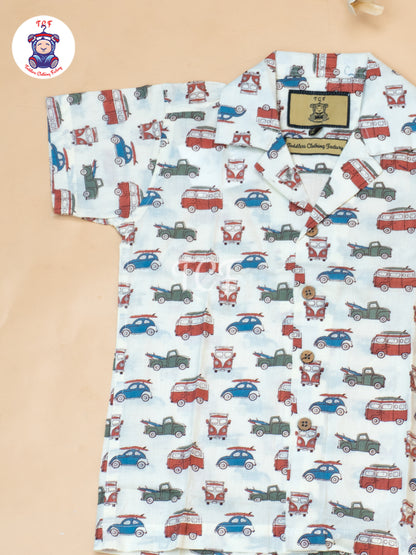 Cream - Boys Car Printed Spread Collor Shirts & Shorts