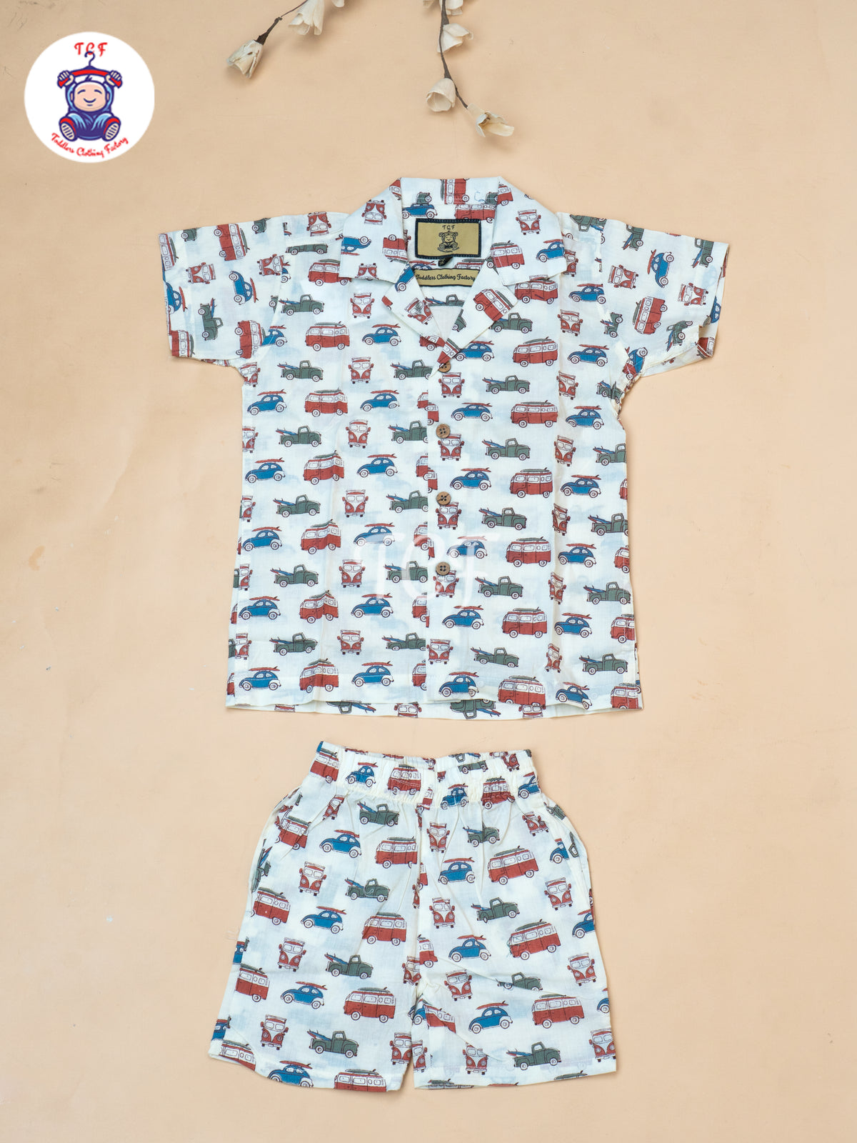 Cream - Boys Car Printed Spread Collor Shirts & Shorts