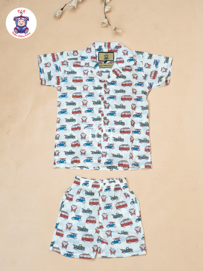 Cream - Boys Car Printed Spread Collor Shirts & Shorts