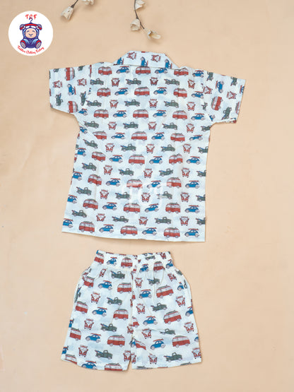 Cream - Boys Car Printed Spread Collor Shirts & Shorts