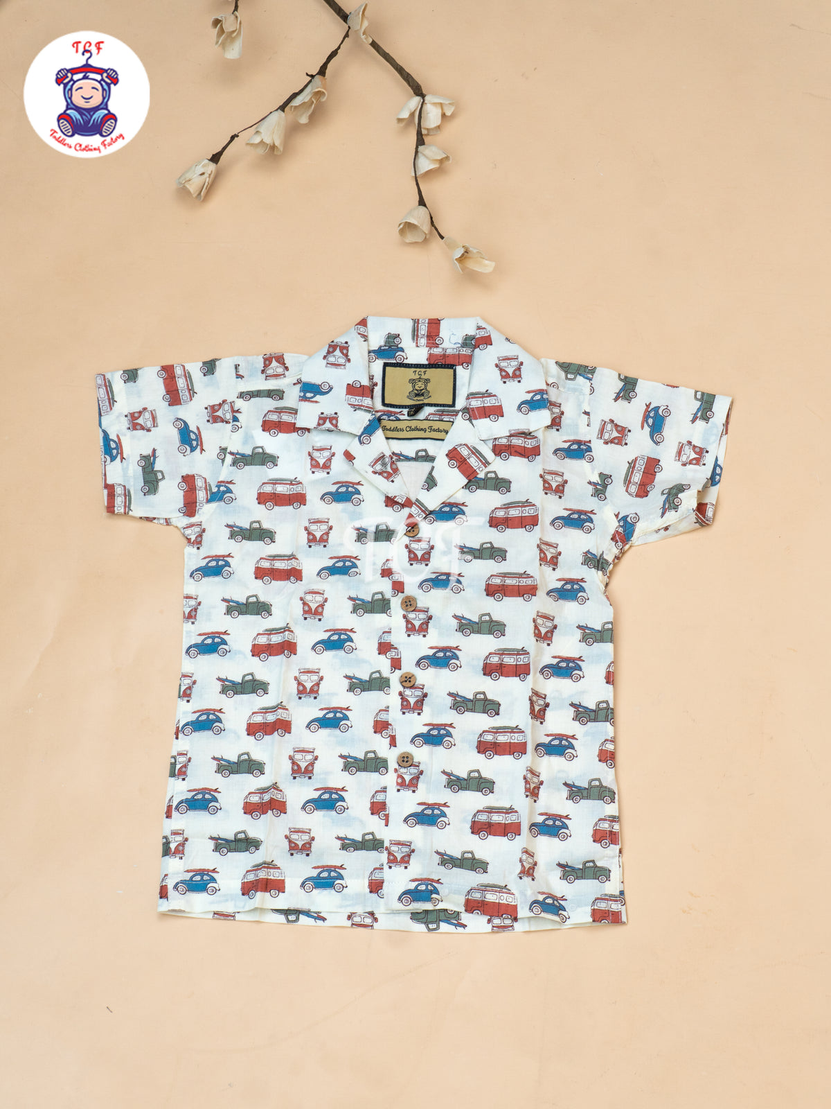 Cream - Boys Car Printed Spread Collor Shirts & Shorts