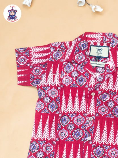 Maroon - Boys Ajrakh Printed Spread Collor Shirts & Shorts