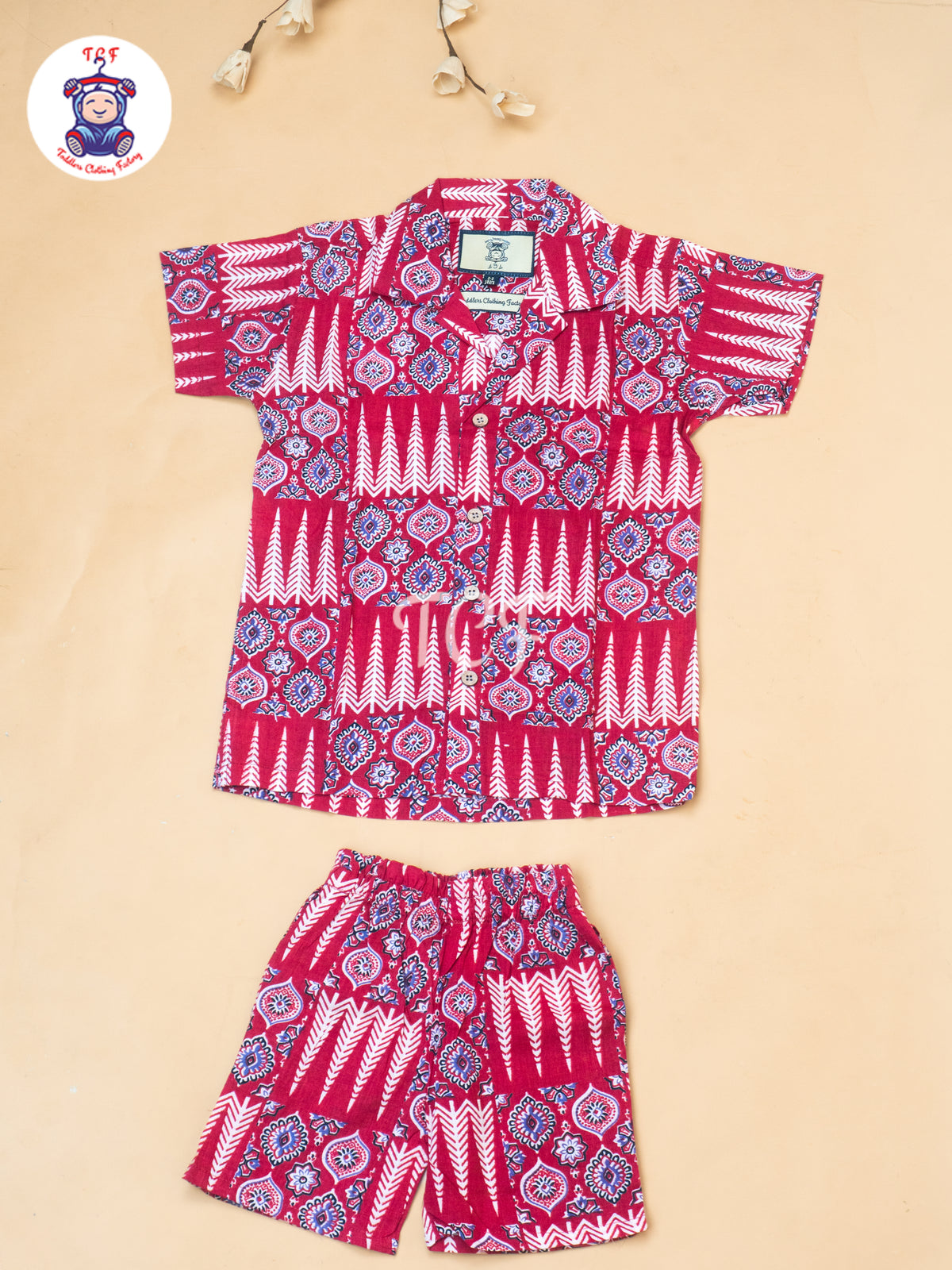 Maroon - Boys Ajrakh Printed Spread Collor Shirts & Shorts