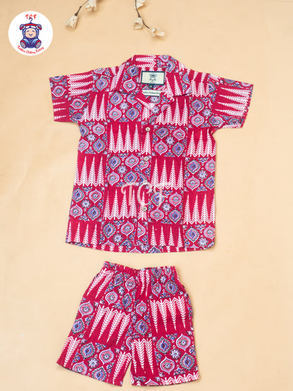 Maroon - Boys Ajrakh Printed Spread Collor Shirts & Shorts