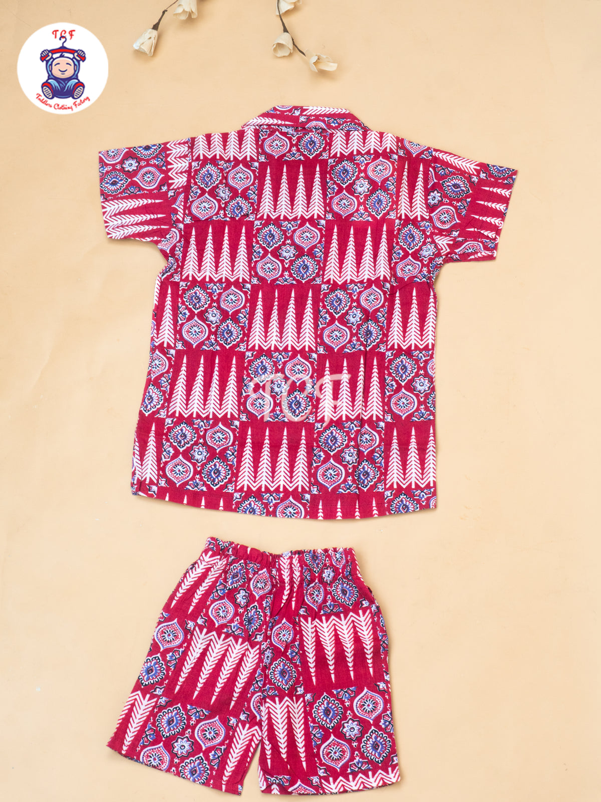 Maroon - Boys Ajrakh Printed Spread Collor Shirts & Shorts