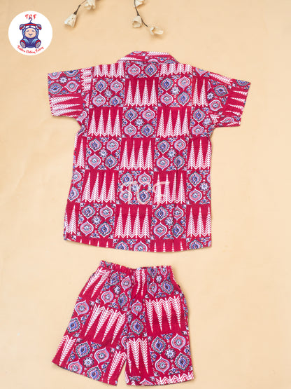 Maroon - Boys Ajrakh Printed Spread Collor Shirts & Shorts