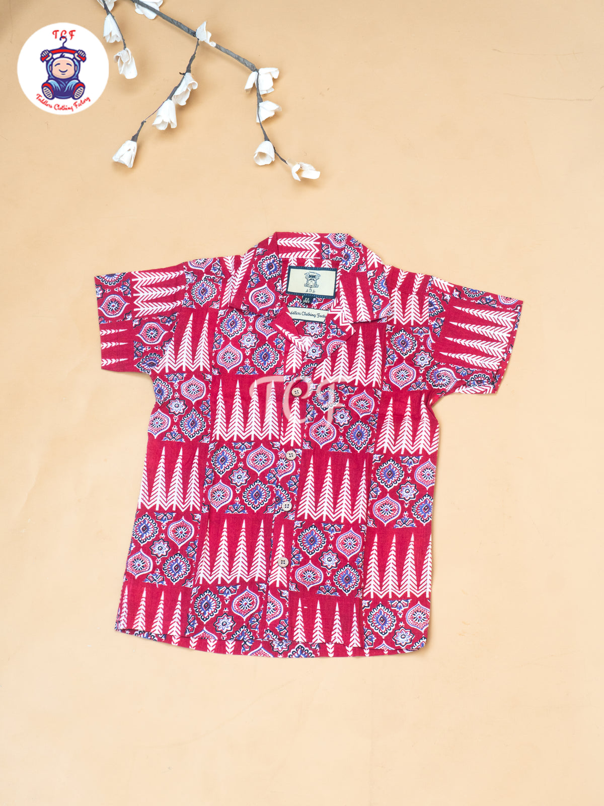 Maroon - Boys Ajrakh Printed Spread Collor Shirts & Shorts